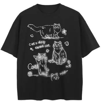 Уличная черная футболка с рисунком кошек, хлопковые топы унисекс, футболки, летняя футболка с короткими рукавами M чёрный