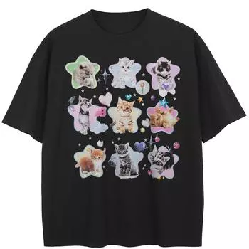 Уличная черная футболка с рисунком «Милые кошки», хлопковые топы унисекс, футболки, летняя футболка с короткими рукавами M чёрный