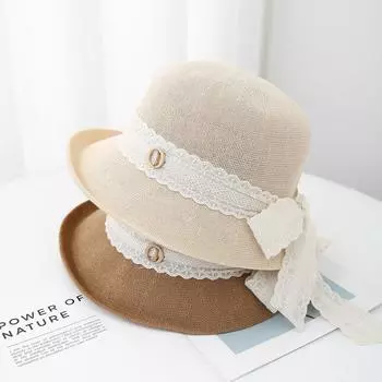 Уличная дышащая шляпа-ведро 2025 года для женщин, летняя кружевная бантовая лента, открывающаяся сзади, солнцезащитная шляпа для бассейна M56-58cm чёрный