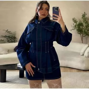 Уличная джинсовая куртка с лацканами, женская облегающая однобортная куртка средней длины с длинным рукавом, весенняя мода 2025 года, верхняя одежда в стиле ретро S синий
