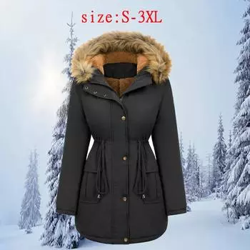 Уличная флисовая теплая стеганая куртка Женская зимняя теплая куртка с капюшоном и меховым воротником Стеганая куртка S