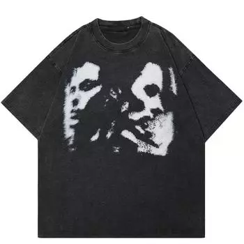 Уличная футболка 2024 года с винтажным графическим рисунком унисекс с двойными лицами S чёрный