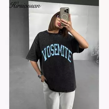 Уличная футболка Hirsionsan с графическим принтом Y2k, женские повседневные футболки большого размера с короткими рукавами для девочек, мягкий винтажный стираный старый хлопковый топ M чёрный