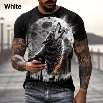 Уличная футболка с 3D принтом волка, серия с цветочным принтом, мужские футболки с животными, повседневная одежда, летние футболки с короткими рукавами S белый