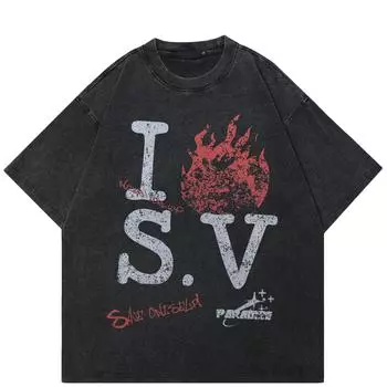 Уличная футболка с большими буквами и графикой, хлопковая промытая черная футболка, топы унисекс, футболки, летняя футболка с короткими рукавами S чёрный