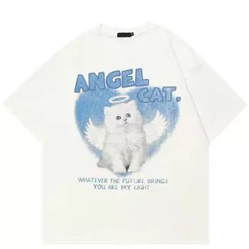Уличная футболка с рисунком «Ангел Кот», хлопковая футболка, топы унисекс, футболки, летняя футболка с короткими рукавами S белый