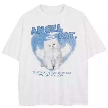 Уличная футболка с рисунком ангела и кота, хлопковые топы унисекс, футболки, летняя футболка с короткими рукавами M белый
