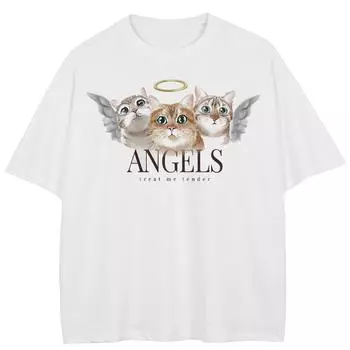 Уличная футболка с рисунком ангела и кота, хлопковые топы унисекс, футболки, летняя футболка с короткими рукавами M белый