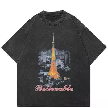 Уличная футболка с рисунком «Башня» Хлопковая футболка Промытая черная футболка Топы унисекс Футболки Летняя футболка с короткими рукавами S чёрный
