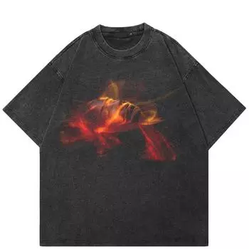 Уличная футболка с рисунком Flame Face, хлопковая промытая черная футболка, топы унисекс, футболки, летняя футболка с короткими рукавами S чёрный