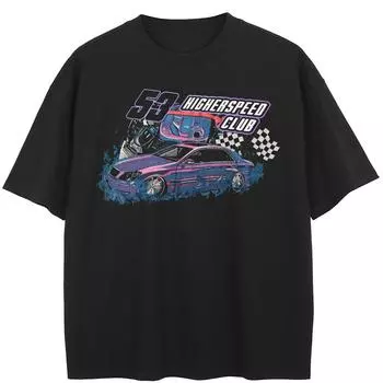 Уличная футболка с рисунком гоночного автомобиля, хлопковые топы унисекс, футболки, летняя футболка с короткими рукавами M чёрный