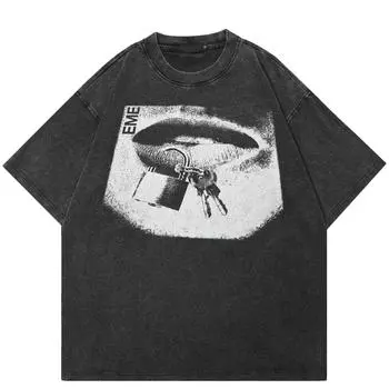 Уличная футболка с рисунком губ, хлопковая черная футболка, топы унисекс, футболки, летняя футболка с короткими рукавами S чёрный