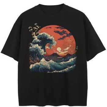 Уличная футболка с рисунком Harajuku Waves, хлопковые топы унисекс, футболки, летняя футболка с короткими рукавами M чёрный