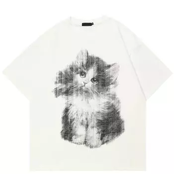 Уличная футболка с рисунком кота, хлопковая футболка, топы унисекс, футболки, летняя футболка с короткими рукавами S белый