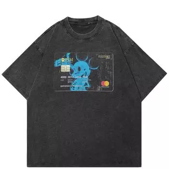 Уличная футболка с рисунком кредитной карты, хлопковая промытая черная футболка, топы унисекс, футболки, летняя футболка с короткими рукавами S чёрный