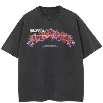 Уличная футболка с рисунком молнии и буквами, хлопковая промытая черная футболка, топы унисекс, футболки, летняя футболка с короткими рукавами S чёрный