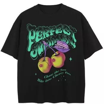 Уличная футболка с рисунком вишни, хлопковые топы унисекс, футболки, летняя футболка с короткими рукавами M чёрный