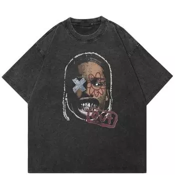 Уличная футболка с забавным портретным рисунком, хлопковая промытая черная футболка, топы унисекс, футболки, летняя футболка с короткими рукавами