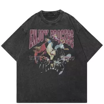 Уличная футболка с забавным рисунком, хлопковая промытая черная футболка, топы унисекс, футболки, летняя футболка с короткими рукавами S чёрный