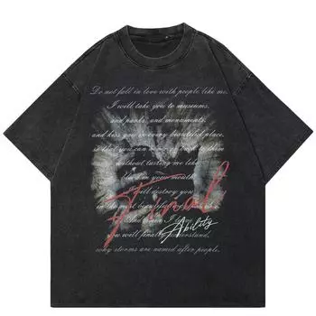 Уличная футболка с забавным рисунком, хлопковая промытая черная футболка, топы унисекс, футболки, летняя футболка с короткими рукавами S чёрный