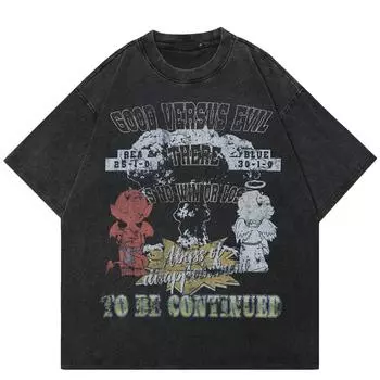 Уличная футболка с забавным рисунком, хлопковая промытая черная футболка, топы унисекс, футболки, летняя футболка с короткими рукавами S чёрный