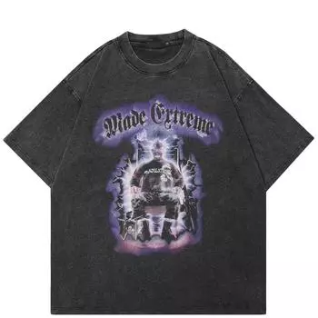 Уличная футболка с забавным рисунком, хлопковая промытая черная футболка, топы унисекс, футболки, летняя футболка с короткими рукавами S чёрный