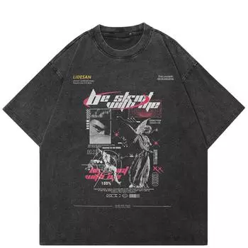 Уличная футболка с забавным рисунком, хлопковая промытая черная футболка, топы унисекс, футболки, летняя футболка с короткими рукавами S чёрный