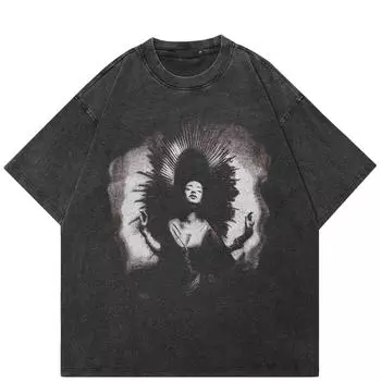 Уличная футболка с забавным рисунком, хлопковая промытая черная футболка, топы унисекс, футболки, летняя футболка с короткими рукавами S чёрный