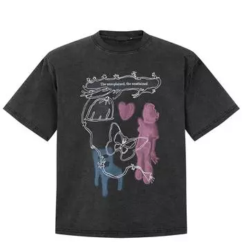 Уличная футболка с забавным рисунком, хлопковая промытая черная футболка, топы унисекс, футболки, летняя футболка с короткими рукавами S чёрный