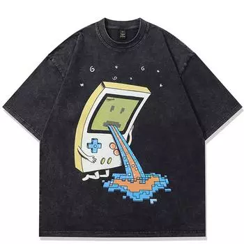 Уличная футболка с забавным рисунком, хлопковая промытая черная футболка, топы унисекс, футболки, летняя футболка с короткими рукавами S чёрный