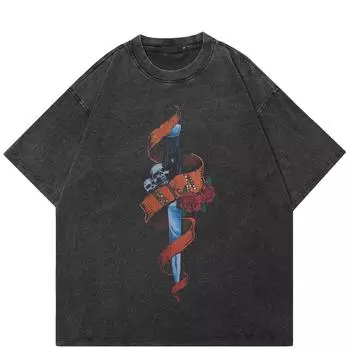 Уличная футболка с забавным рисунком, хлопковая промытая черная футболка, топы унисекс, футболки, летняя футболка с короткими рукавами S чёрный