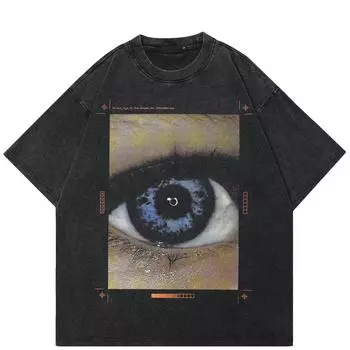 Уличная футболка унисекс с графикой «большие глаза», хлопковая промытая черная футболка, топы унисекс, футболки, летняя футболка с короткими рукавами S чёрный