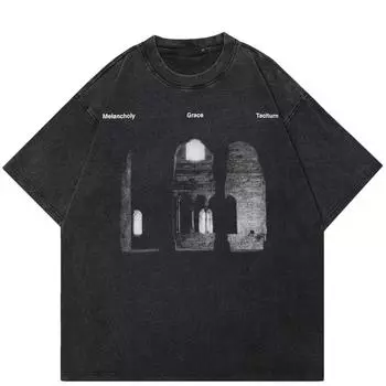 Уличная футболка унисекс с графикой здания, хлопковая промытая черная футболка, топы унисекс, футболки, летняя футболка с короткими рукавами S чёрный