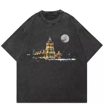 Уличная футболка унисекс с графикой здания, хлопковая промытая черная футболка, топы унисекс, футболки, летняя футболка с короткими рукавами S чёрный