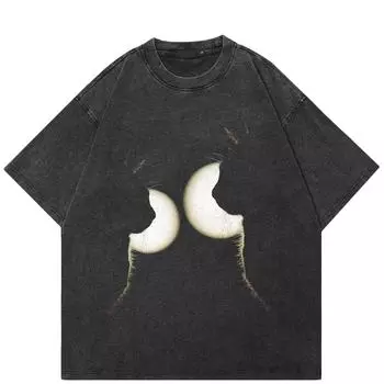 Уличная футболка унисекс с изображением кошек и теней, хлопковая промытая черная футболка, топы унисекс, футболки, летняя футболка с короткими рукавами S чёрный