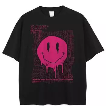 Уличная футболка унисекс с изображением улыбающегося лица, хлопковая футболка, топы унисекс, футболки, летняя футболка с короткими рукавами S чёрный