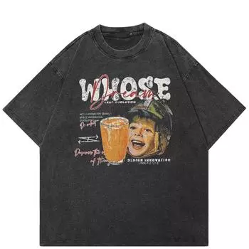 Уличная футболка унисекс с милым рисунком для мальчиков, хлопковая промытая черная футболка, топы унисекс, футболки, летняя футболка с короткими рукавами S чёрный