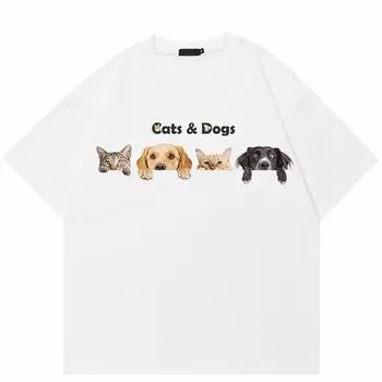 Уличная футболка унисекс с милыми кошками и собаками M белый