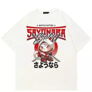 Уличная футболка унисекс с японским рисунком кота, хлопковая футболка, топы унисекс, футболки, летняя футболка с короткими рукавами S белый