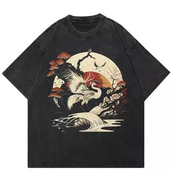 Уличная футболка унисекс с японским журавлем 2024 года S чёрный