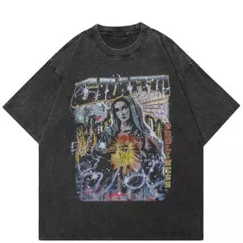 Уличная футболка унисекс с рисунком богини, хлопковая мытая черная футболка, топы унисекс, футболки, летняя футболка с короткими рукавами S чёрный