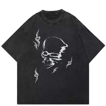 Уличная футболка унисекс с рисунком черепа, хлопковая промытая черная футболка, топы унисекс, футболки, летняя футболка с короткими рукавами S чёрный