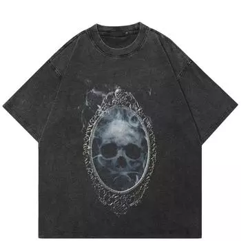 Уличная футболка унисекс с рисунком черепа, хлопковая промытая черная футболка, топы унисекс, футболки, летняя футболка с короткими рукавами S чёрный