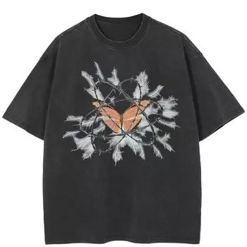 Футболка унисекс с принтом бабочки в уличном стиле, черная футболка из хлопка, топы унисекс, футболки, летние футболки с короткими рукавами S чёрный