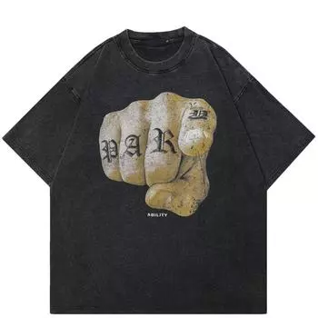 Уличная футболка унисекс с рисунком кулака, хлопковая промытая черная футболка, топы унисекс, футболки, летняя футболка с короткими рукавами S чёрный