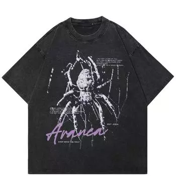 Уличная футболка унисекс с рисунком паука, хлопковая промытая черная футболка, топы унисекс, футболки, летняя футболка с короткими рукавами S чёрный