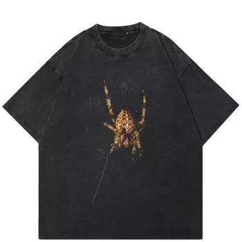 Уличная футболка унисекс с рисунком паука, хлопковая промытая черная футболка, топы унисекс, футболки, летняя футболка с короткими рукавами S чёрный
