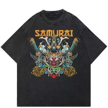 Уличная футболка унисекс с рисунком самурая, хлопковая промытая черная футболка, топы унисекс, футболки, летняя футболка с короткими рукавами S чёрный