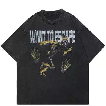 Уличная футболка унисекс с рисунком скелета, хлопковая промытая черная футболка, топы унисекс, футболки, летняя футболка с короткими рукавами S чёрный