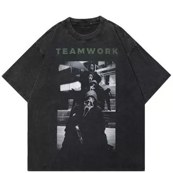 Уличная футболка унисекс с рисунком скелета, хлопковая промытая черная футболка, топы унисекс, футболки, летняя футболка с короткими рукавами S чёрный